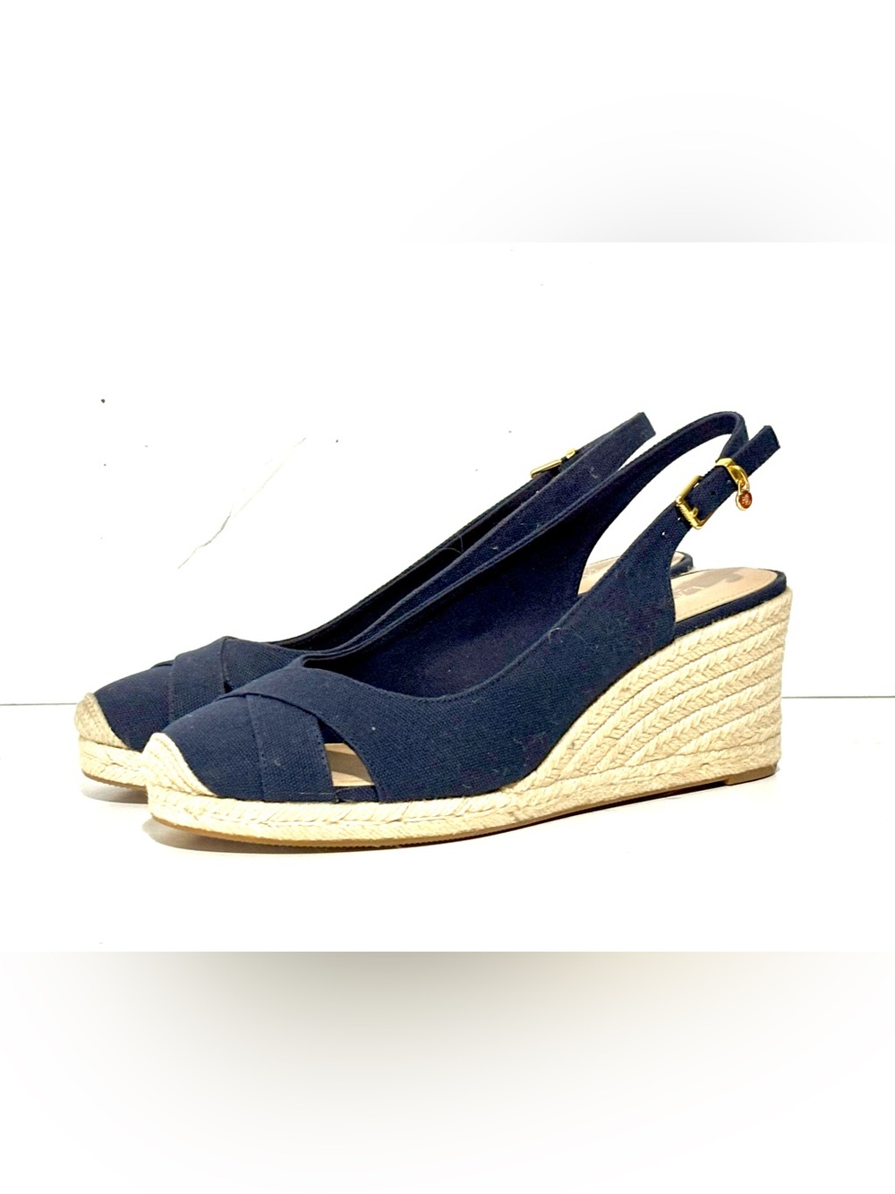 Ralph Lauren Navy Gold Canvas Espadrille Wedge Slingback Size 9 EUC